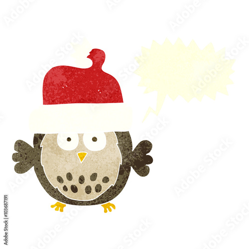 retro speech bubble cartoon owl wearing christmas hat