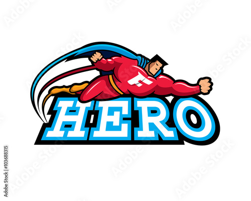 superhero flying above hero text