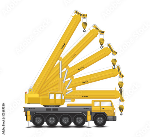 Mobile crane vector design. Separate layer for each angle. Industrial machine equipment or vehicle with hoist, hook, rope and hydraulic telescopic boom for lifting heavy load in construction site.