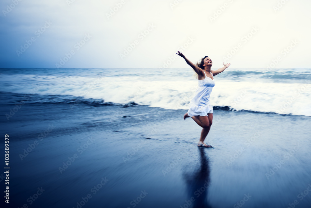 Young Woman Beach Relaxation Freedom Solitude Concept Young Woman Beach Relaxation Freedom Solitude Concept
