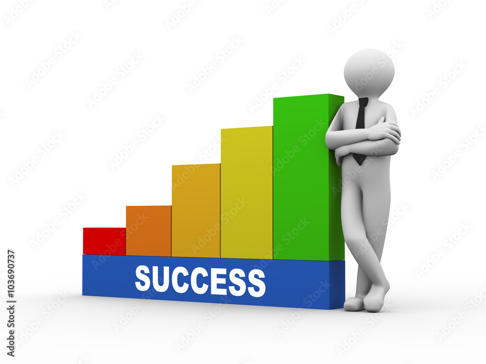 3d man with success growing business bars 3d man with success growing business bars