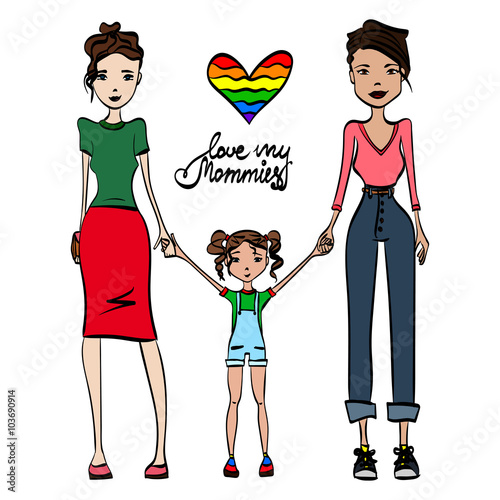 Gay Family Love My Mommies Vector Illustration with Two Lesbian Women in Love, Holding Hands with Their Kid, Colored Sketch Design