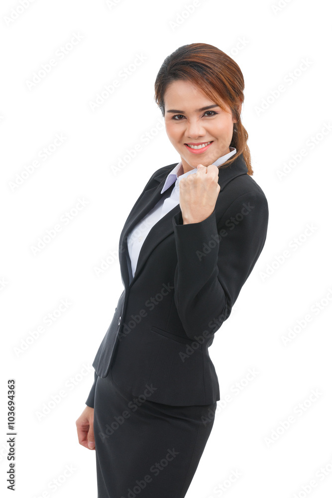 Successful business woman showing fist isolated on white backgro Successful business woman showing fist isolated on white backgro