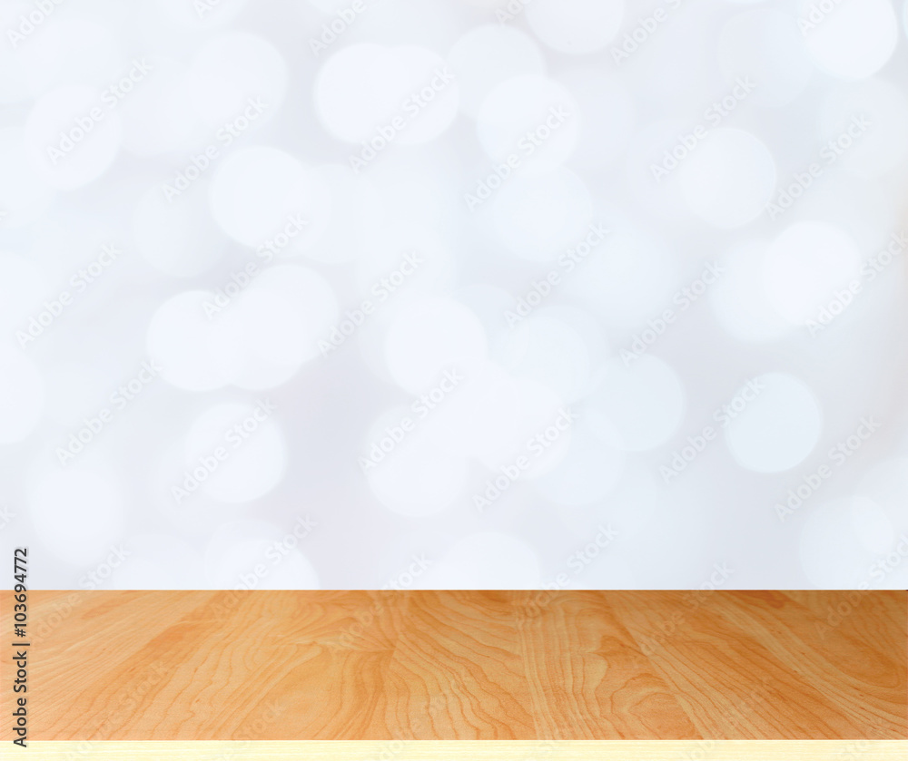 Wood table top on white bokeh abstract background