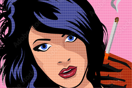 The beautiful girl smokes a cigarette. Pop art style vector.