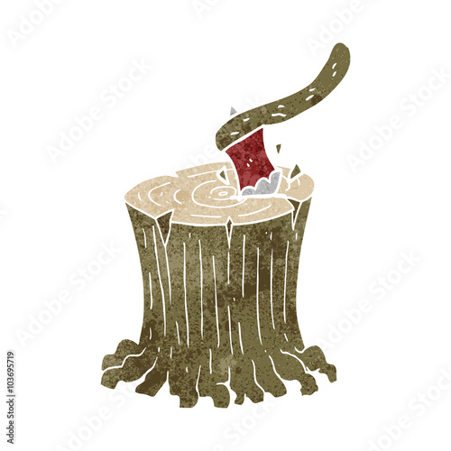 retro cartoon axe in tree stump