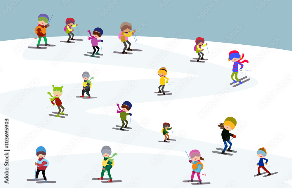 Winter landscape with funny skiers