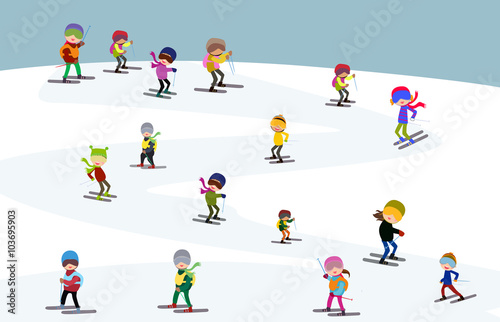 Winter landscape with funny skiers