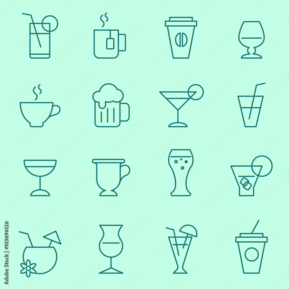 Drink icon set, thin line, flat design Drink icon set, thin line, flat design