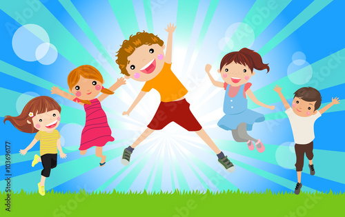 Happy jumping girls and boys