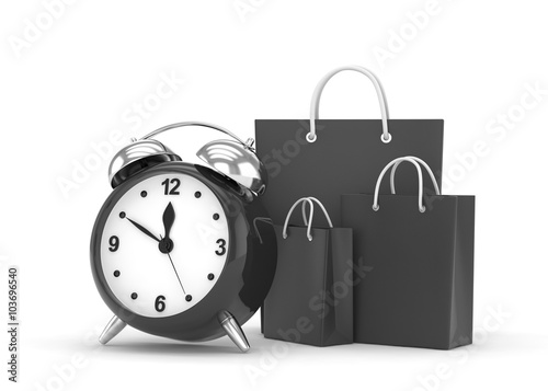 alarm clock and shopping bag (time to buy concept)