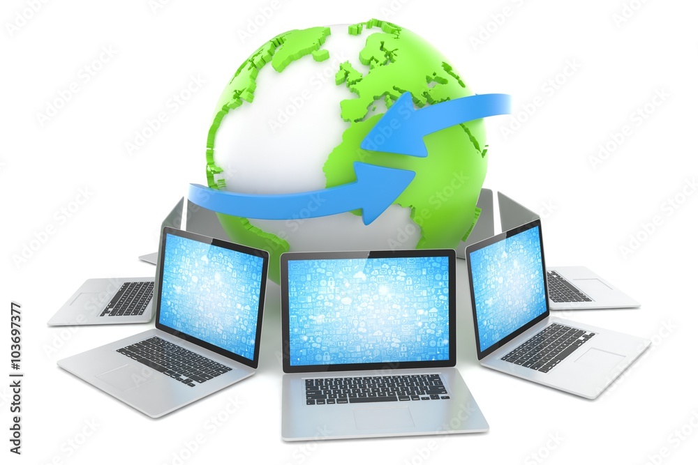 Laptop network around earth globe. 3d render Laptop network around earth globe. 3d render
