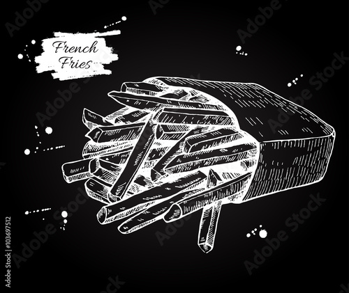 Vector vintage french fries chalkboard drawing. Hand drawn monoc