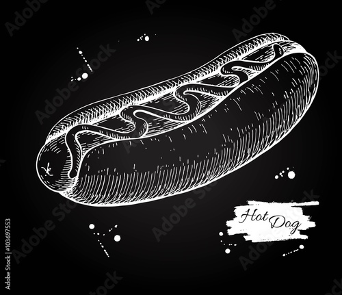 Vector vintage hot dog chalkboard drawing. Hand drawn monochrome