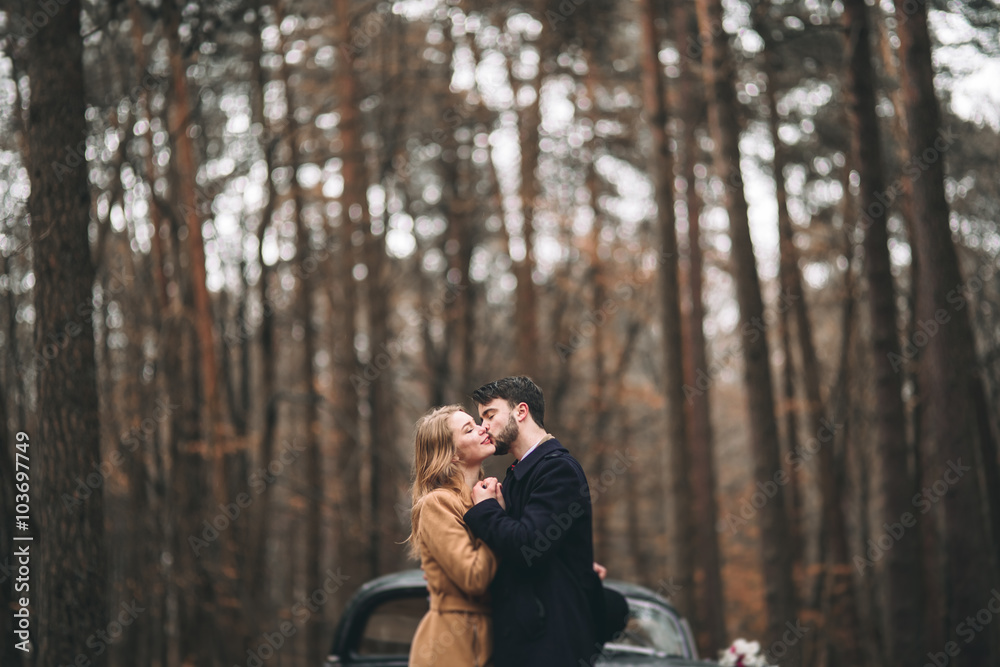 Gorgeous newlywed bride and groom posing in pine forest near retro car in their wedding day Gorgeous newlywed bride and groom posing in pine forest near retro car in their wedding day