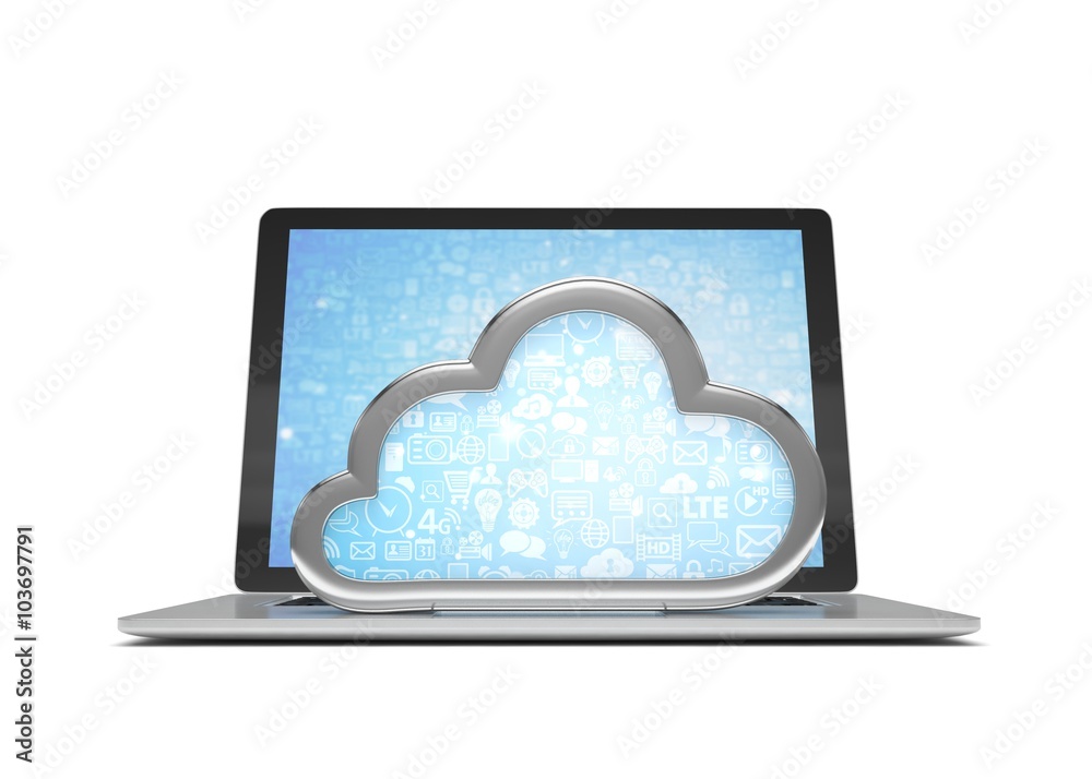 Laptop with cloud computing symbol on keyboard. 3d render Laptop with cloud computing symbol on keyboard. 3d render
