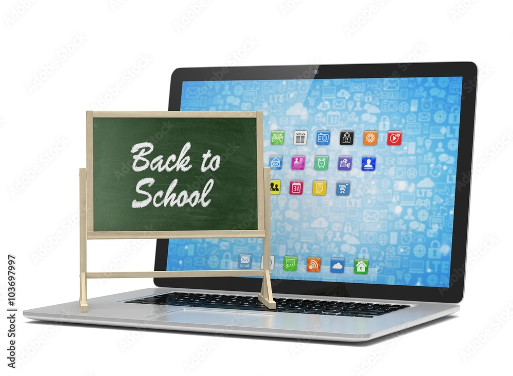 Laptop with chalkboard, back to school, online education concept Laptop with chalkboard, back to school, online education concept