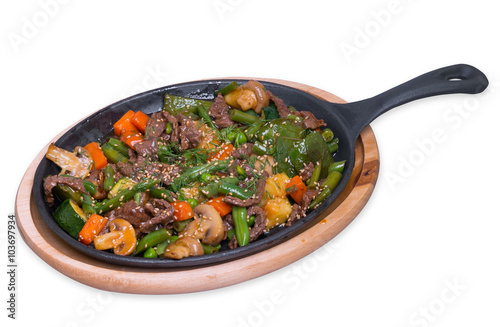 Meat with mushrooms and vegetables, isolated