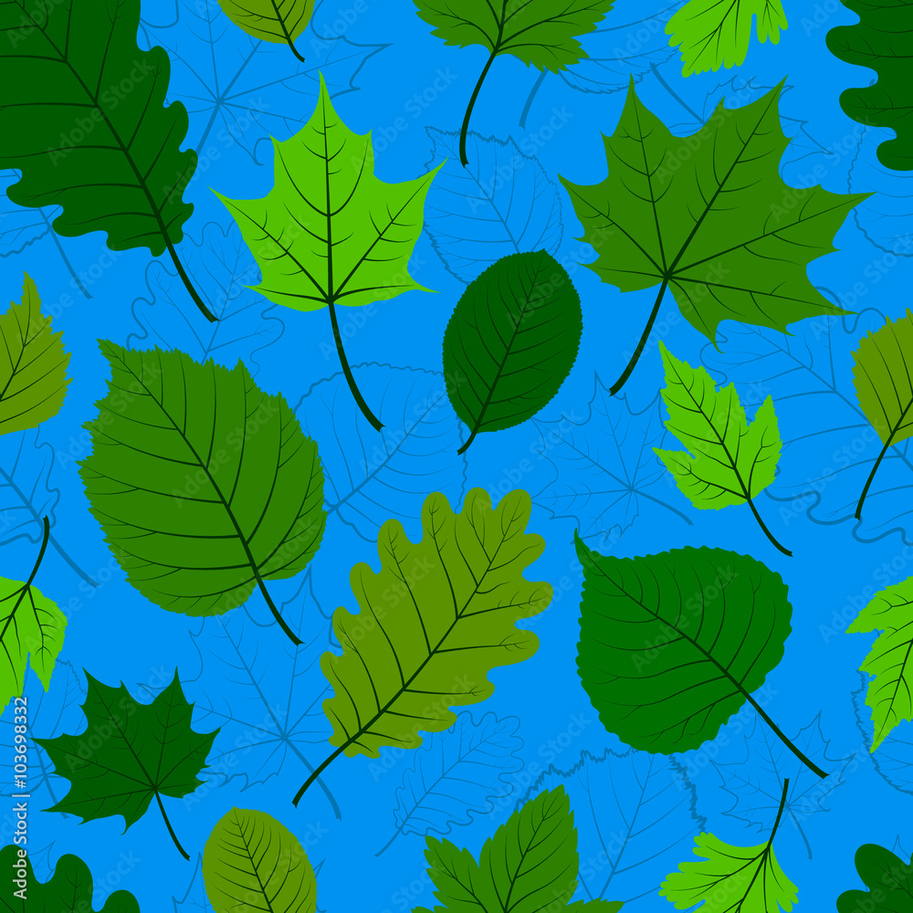 Green blue seamless pattern with spring leaves. Green blue seamless pattern with spring leaves.
