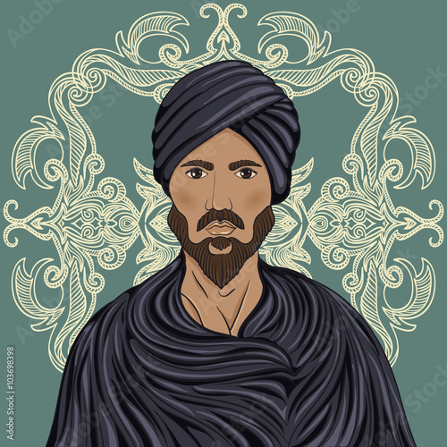 Handsome arabian man with mustache and beard in a turban over ornate pattern. Retro hand drawn vector illustration