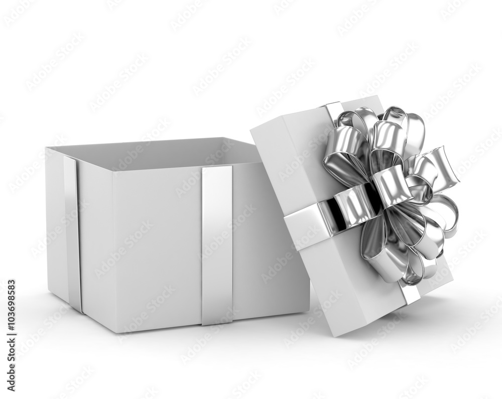 open gift box with bows isolated on white