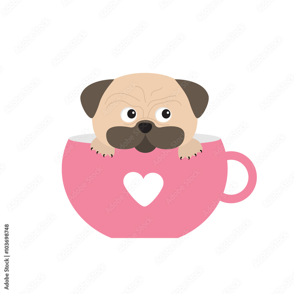 Pug dog mops paw sitting in pink cup with heart. Cute cartoon character. Flat design. Isolated. White background. Pug dog mops paw sitting in pink cup with heart. Cute cartoon character. Flat design. Isolated. White background.