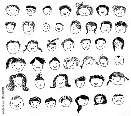 Group of sketch kids face set