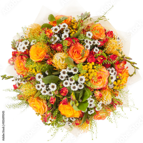 Bouquet of flowers top view isolated on white