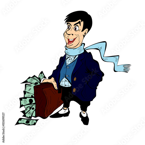 Rich man with a suitcase full of money, isolated on white background