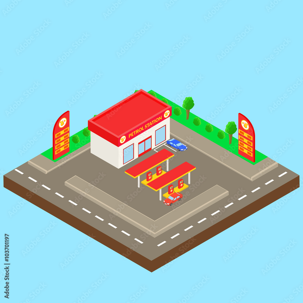 petrol station near the road with a small shop, parking, car. Isometric. petrol station near the road with a small shop, parking, car. Isometric.