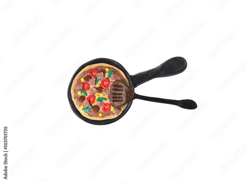 pizza in black pan model from japanese clay on white background