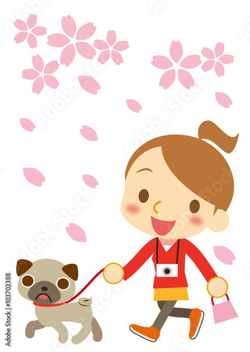 桜吹雪　ワンちゃんとポニーテールの女性