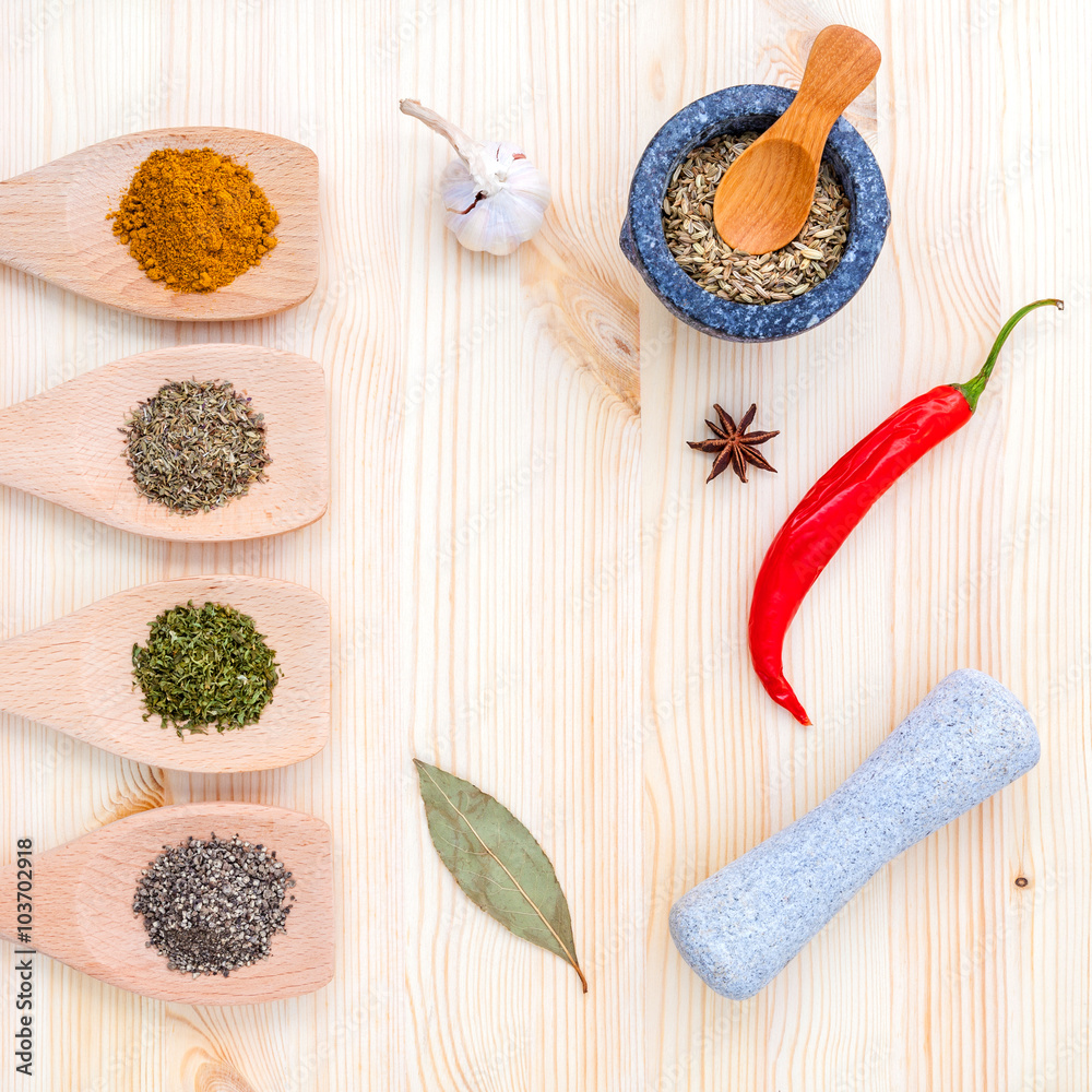 Food Cooking ingredients. Dried Spices herb bay leaves,turmeric,