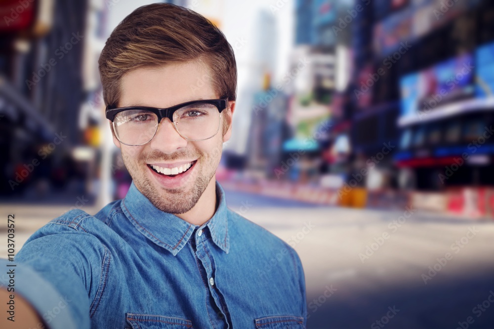 Composite image of portrait of happy man wearing eye glasses Composite image of portrait of happy man wearing eye glasses