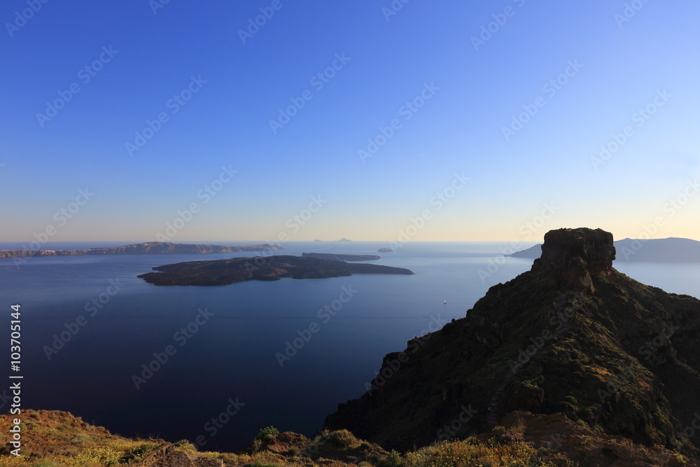 Beautiful view of the sea and islands. Santorini island, Greece.