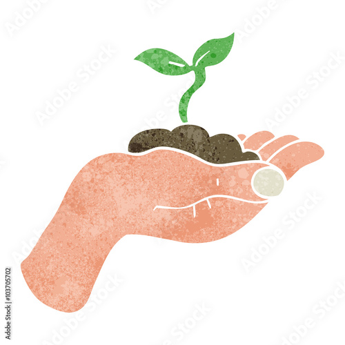 retro cartoon seedling growing held in hand