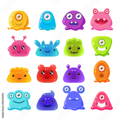 Cute Cartoon Jelly Monsters, Vector Set