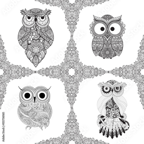 Set from illustration of ornamental owls. Set of Bird illustrated in tribal. Isolated on white