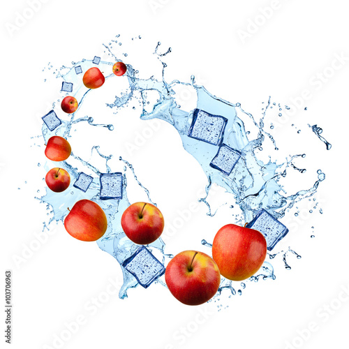 Water splash with fruits isolated on white backgroud. Fresh apple