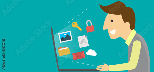 Flat design style modern vector illustration concept of cloud computing technology service, web data storage and archive, information hosting and business document access via internet communication.