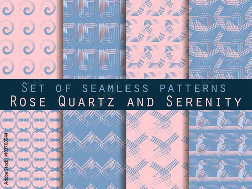 Set of geometric seamless patterns. Rose quartz and serenity violet colors. For wallpaper, bed linen, tiles, fabrics, backgrounds. Collection of vector illustrations.