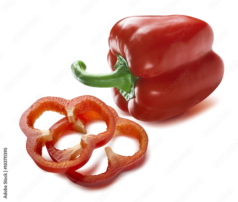 Red sweet pepper whole sliced pieces isolated on white Red sweet pepper whole sliced pieces isolated on white