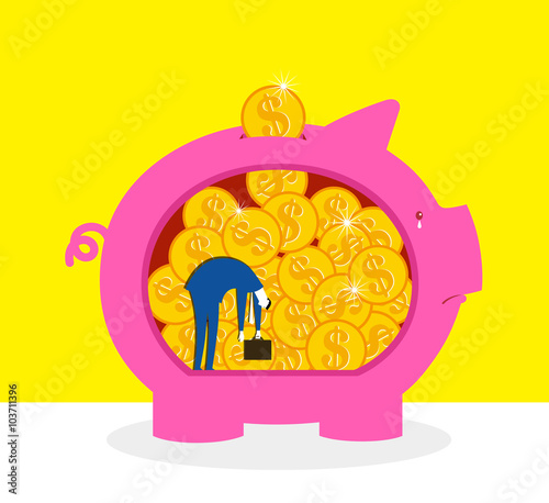 Only money and lonely / A business man trapped in a piggy bank.