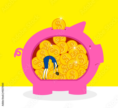 Fill with money and lonely / A business woman was trapped in a piggy bank.