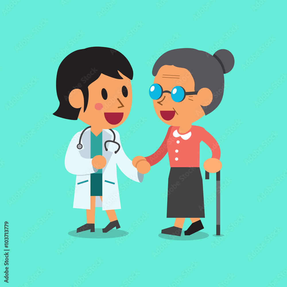 Cartoon doctor helping old woman to walk Cartoon doctor helping old woman to walk