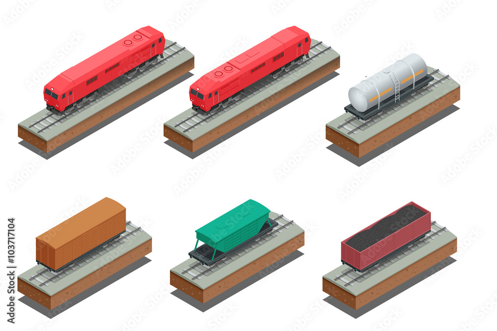 Φωτογραφία Vector isometric illustration of Diesel Locomotive, Rail covered wagon, Open rail car for transportation of bulk cargoes