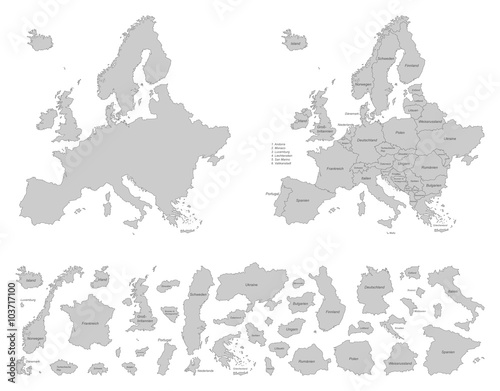 Europa detaillierte Karten - Vektor in Grau (beschriftet)