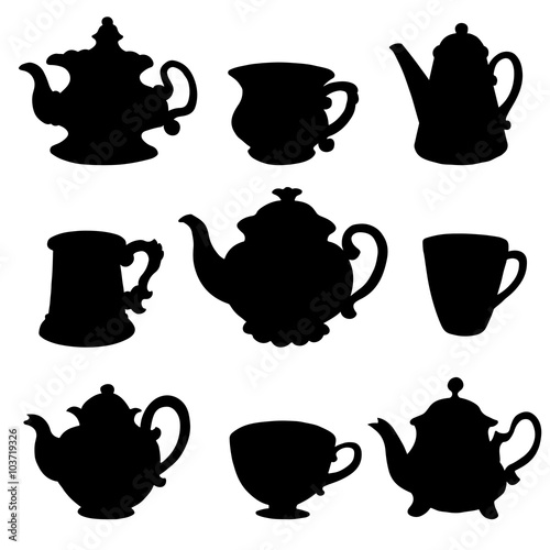 Set isolated black silhouette kettles, teapots, cups