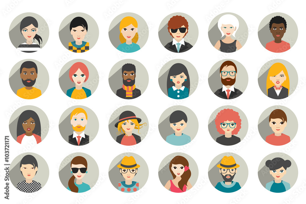 Set of circle persons, avatars, people heads different nationality in flat style. Vector. Set of circle persons, avatars, people heads different nationality in flat style. Vector.