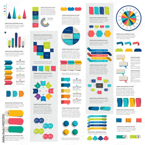 Mega set of infographics elements charts, graphs, circle charts, diagrams, speech bubbles. Flat and 3D design. Vector.